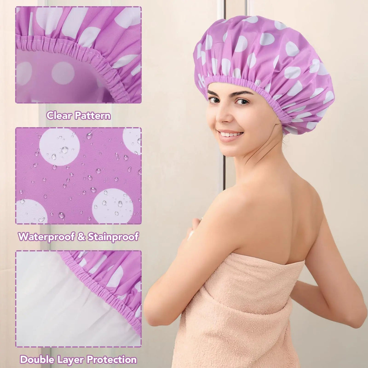 2 Packs Large Shower Caps for Women, Reusable Waterproof Shower Cap Bath Caps with Hair Scrunchies for Long Thick Hair (Purple/Orange) purple, orange - Rieworkes