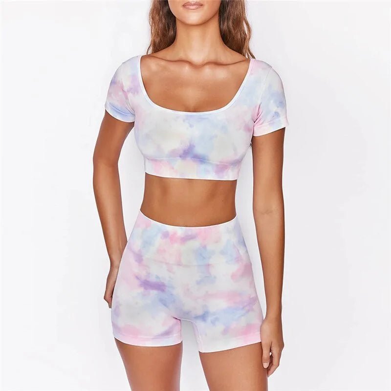 2020 Summer Tie Dye Women&#39;s Yoga Set: Short Sleeve Crop Top &amp; High Waist Shorts - Rieworkes
