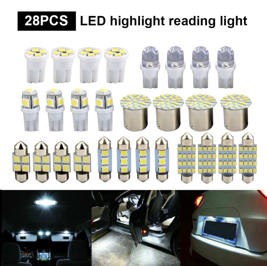 28pcs Car Interior White Combo LED Map Dome Door Trunk License Plate Light Bulbs - Rieworkes
