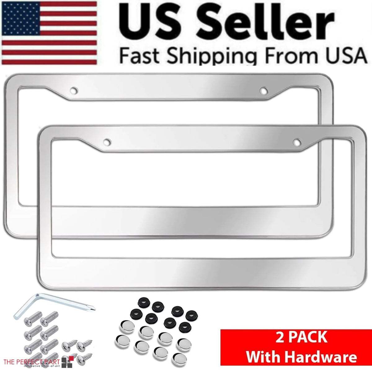 2PCS Chrome Stainless Steel Metal License Plate Frame Tag Cover With Screw Caps - Rieworkes