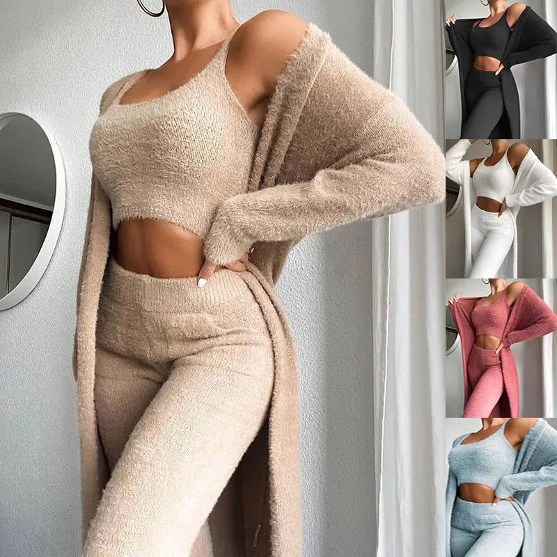 3 Pcs Womens Clothing Fashion Solid Fluffy Plain Crop Top &amp; Skinny Pants &amp; Longline Coat Set Warm Cozy Suit Sets - Rieworkes