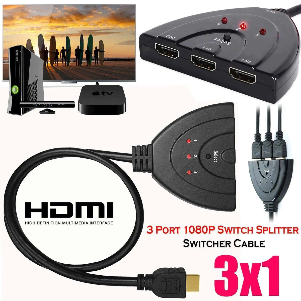 3 Port HDMI Splitter Cable 1080/4K Switch Switcher HUB Adapter for HDTV PS4 Xbox - Rieworkes