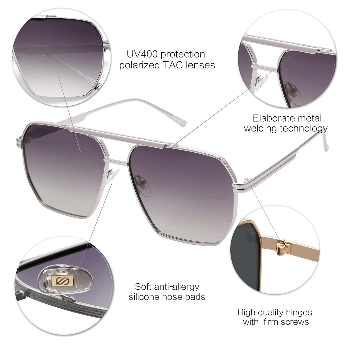 SOJOS Retro Oversized Square Polarized Sunglasses for Women and Men Vintage Shades UV400 Classic Large Metal Sun Glasses Silver/Grey