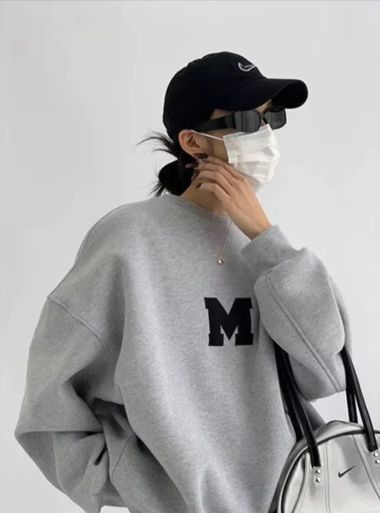 MEXZT Streetwear Y2K Oversized Fleece Sweatshirt with Letter Print – Harajuku &amp; Korean Inspired Casual Hoodie for Women