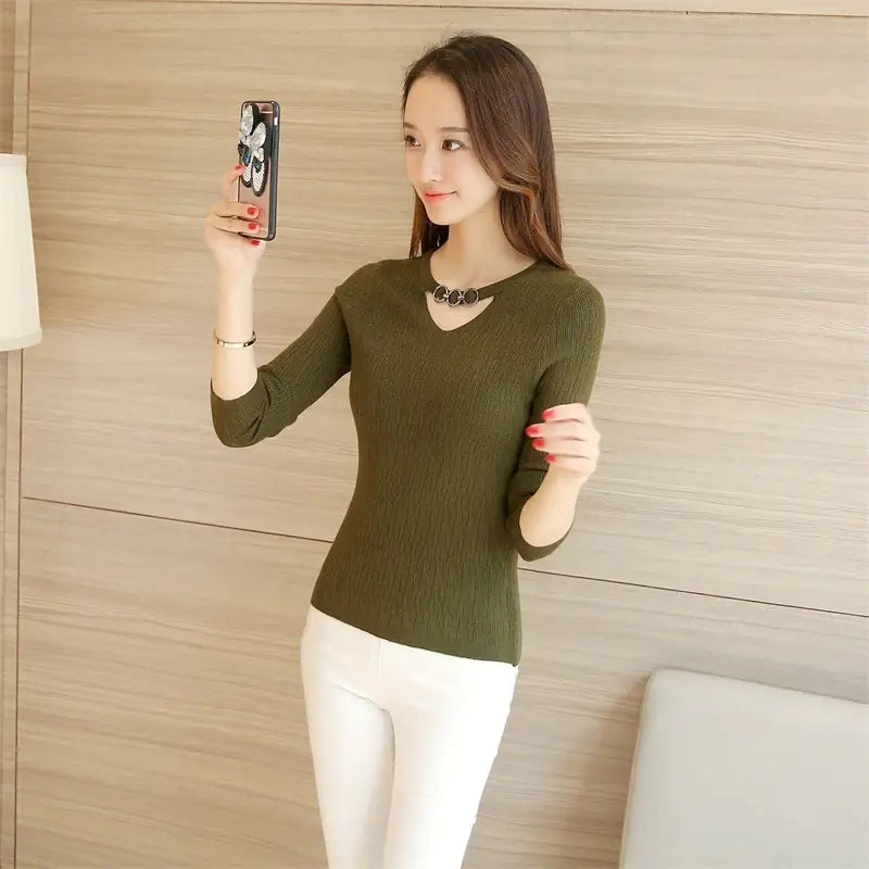 2020 Fall/Winter V-Neck Fitted Long Sleeve Sweater