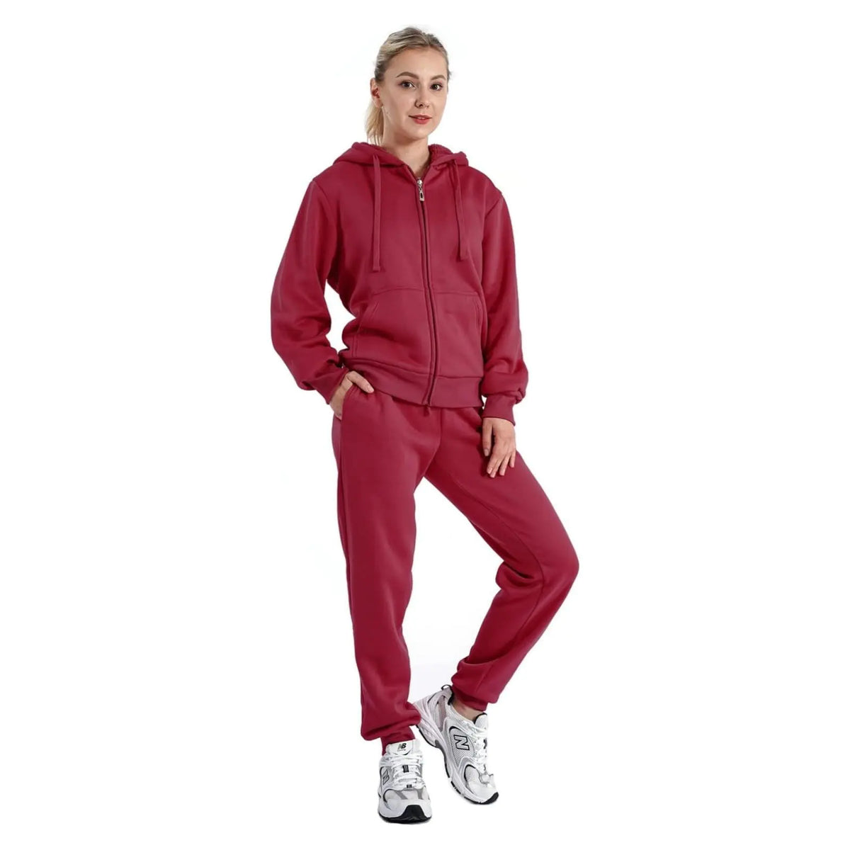 LeeHanTon Jogging Suits for Women Sherpa Lined Warm Up Outfit Sweat Suits Winter Zip Up 2 Pieces Hoodie and Pants Set Wine L