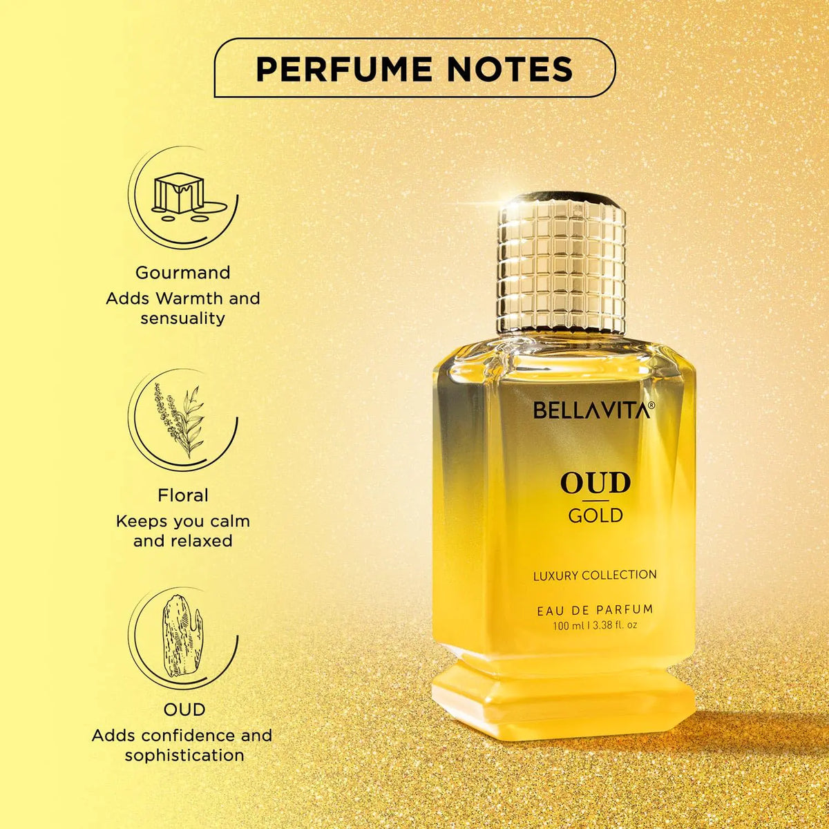 OUD GOLD Eau De Parfum (3.38 fl. oz.) | Intense Arabian Perfume for women &amp; men | Notes : Caramel, Orris, Rose, Jasmine | Family: Woody, Gourmand, Floral, and Oud | Vegan &amp; cruelty free OUD GOLD