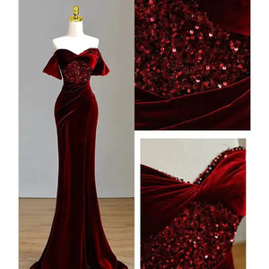 Fishtail Wine Red Off-Shoulder Velvet Sequin Dress