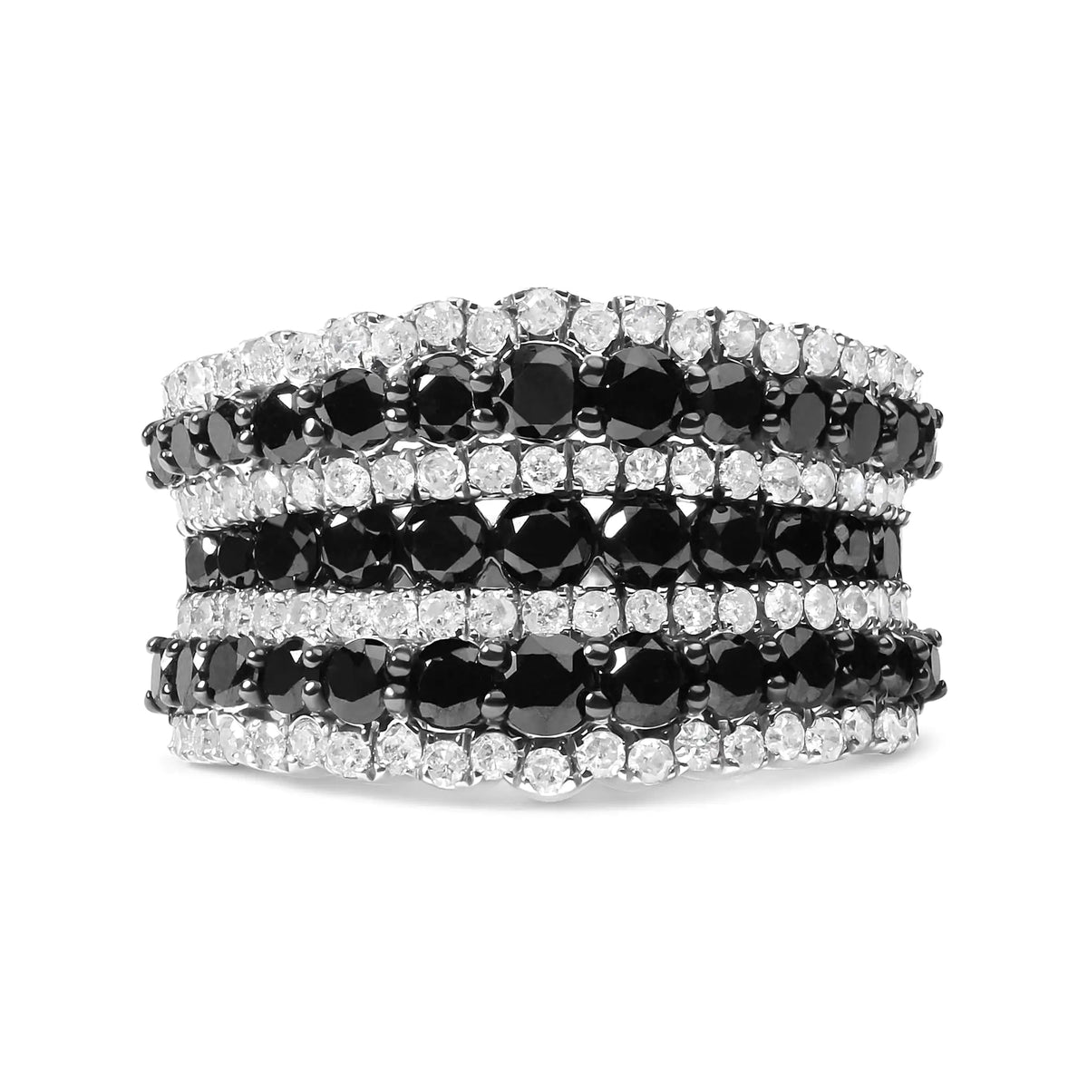 .925 Sterling Silver 1 3/4 Cttw Treated Black and White Alternating Diamond Multi Row Band Ring (Black / I - J Color, I2 - I3 Clarity) - Rieworkes