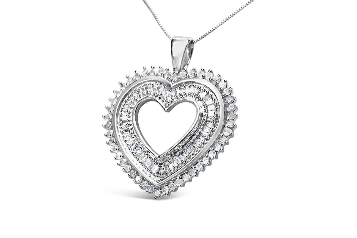 .925 Sterling Silver 1.0 Cttw Baguette and Round Diamond Heart Pendant 18&quot; Necklace (H - I Color, I3 Clarity) - Rieworkes