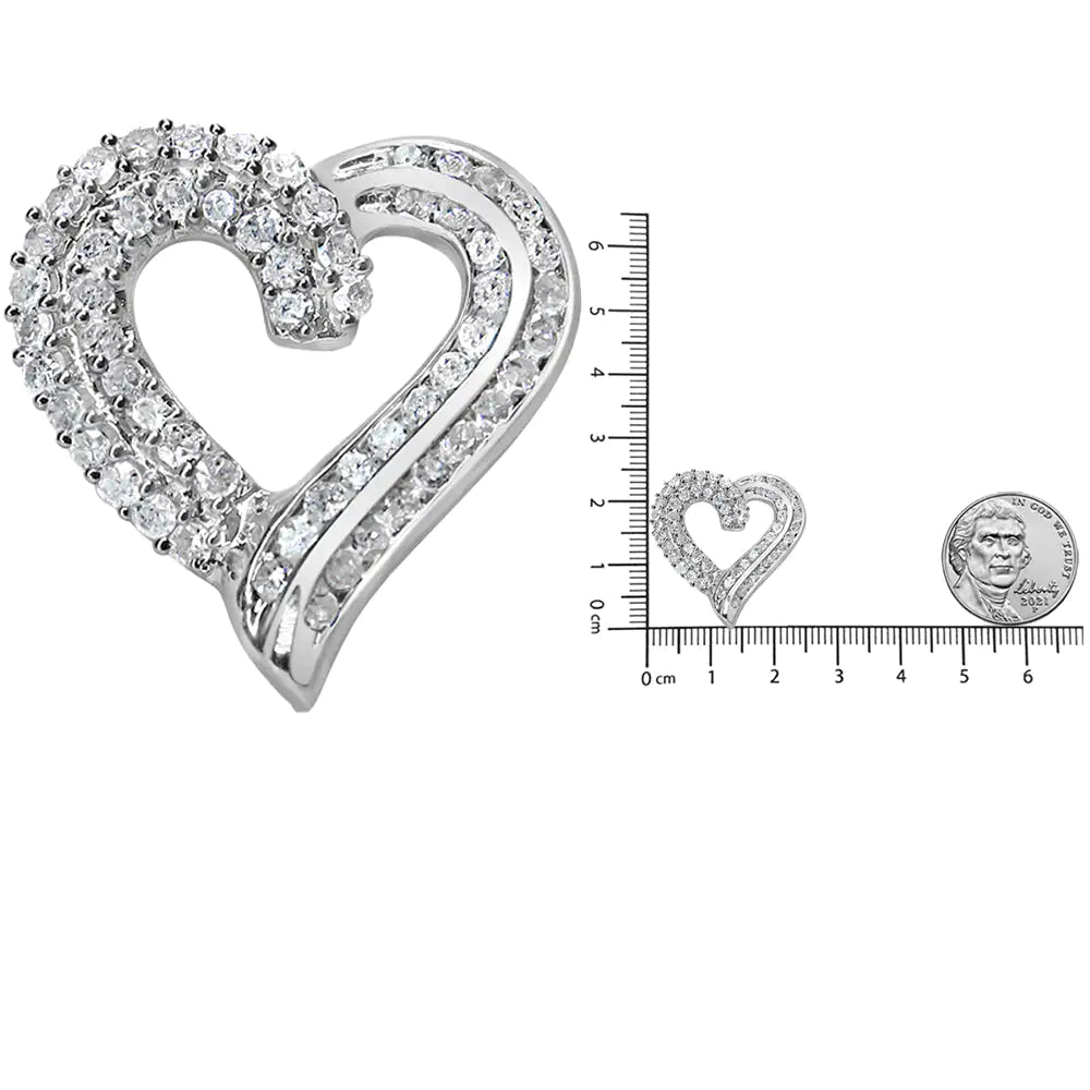 .925 Sterling Silver 1.0 Cttw Prong &amp; Channel - Set Diamond Open work Ribbon Heart Pendant 18&quot; Necklace (I - J Color, I3 Clarity) - Rieworkes