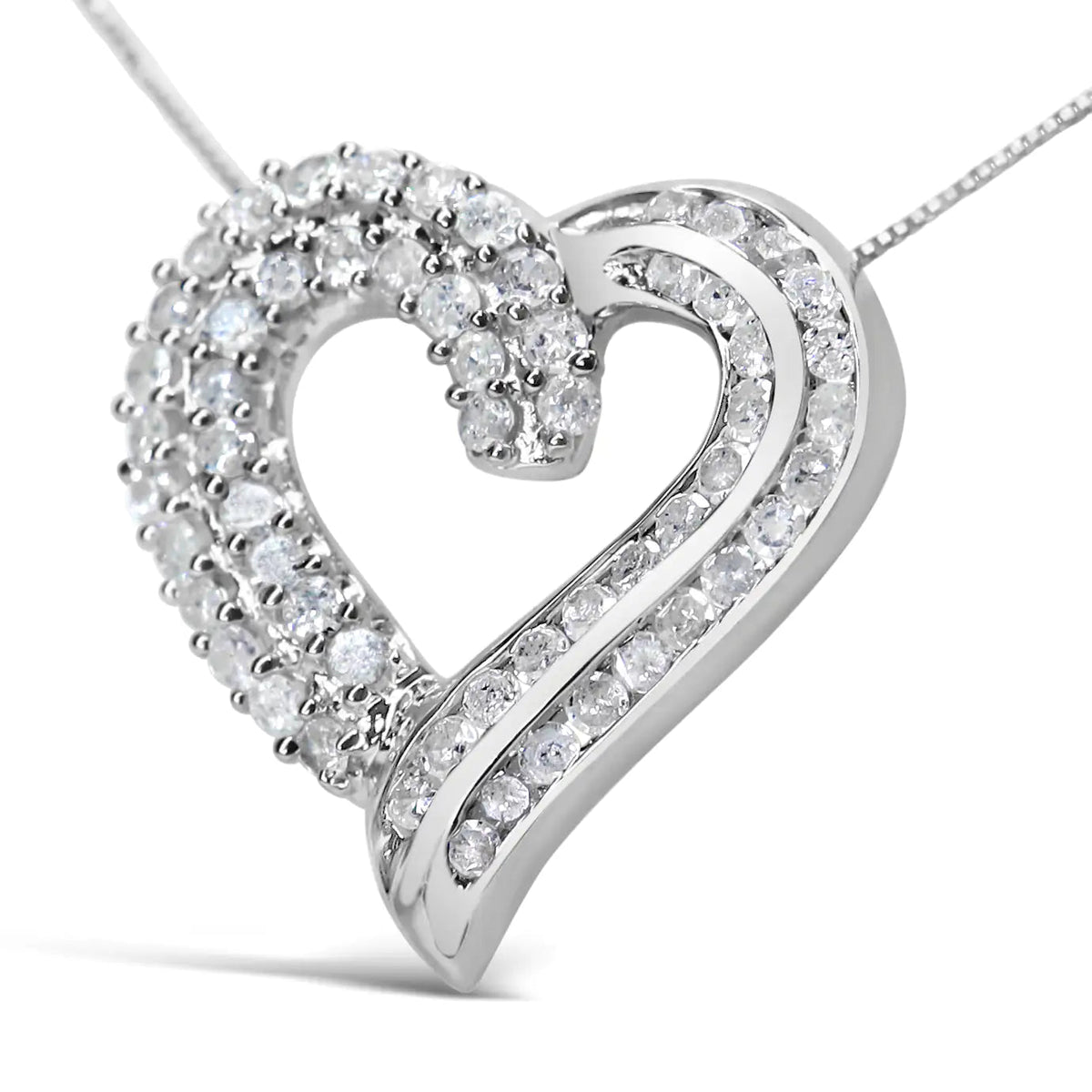 .925 Sterling Silver 1.0 Cttw Prong &amp; Channel - Set Diamond Open work Ribbon Heart Pendant 18&quot; Necklace (I - J Color, I3 Clarity) - Rieworkes