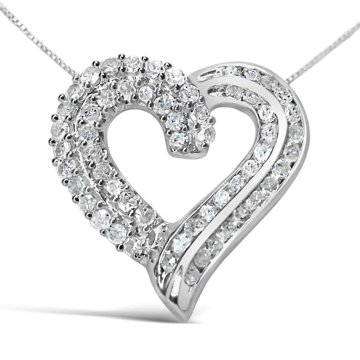 .925 Sterling Silver 1.0 Cttw Prong &amp; Channel - Set Diamond Open work Ribbon Heart Pendant 18&quot; Necklace (I - J Color, I3 Clarity) - Rieworkes