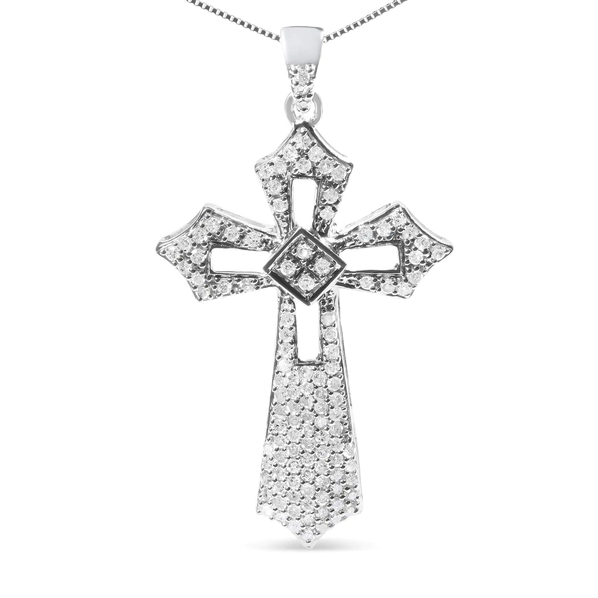 .925 Sterling Silver 1.00 Cttw Diamond Fleur De Lis Cross 18&quot; Pendant Necklace (H - I Color, I2 - I3 Clarity) - Rieworkes