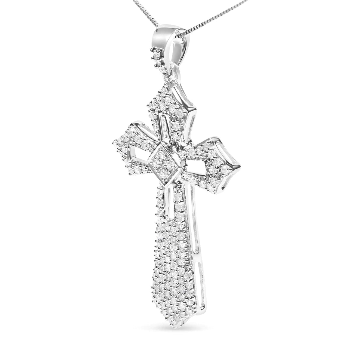 .925 Sterling Silver 1.00 Cttw Diamond Fleur De Lis Cross 18&quot; Pendant Necklace (H - I Color, I2 - I3 Clarity) - Rieworkes