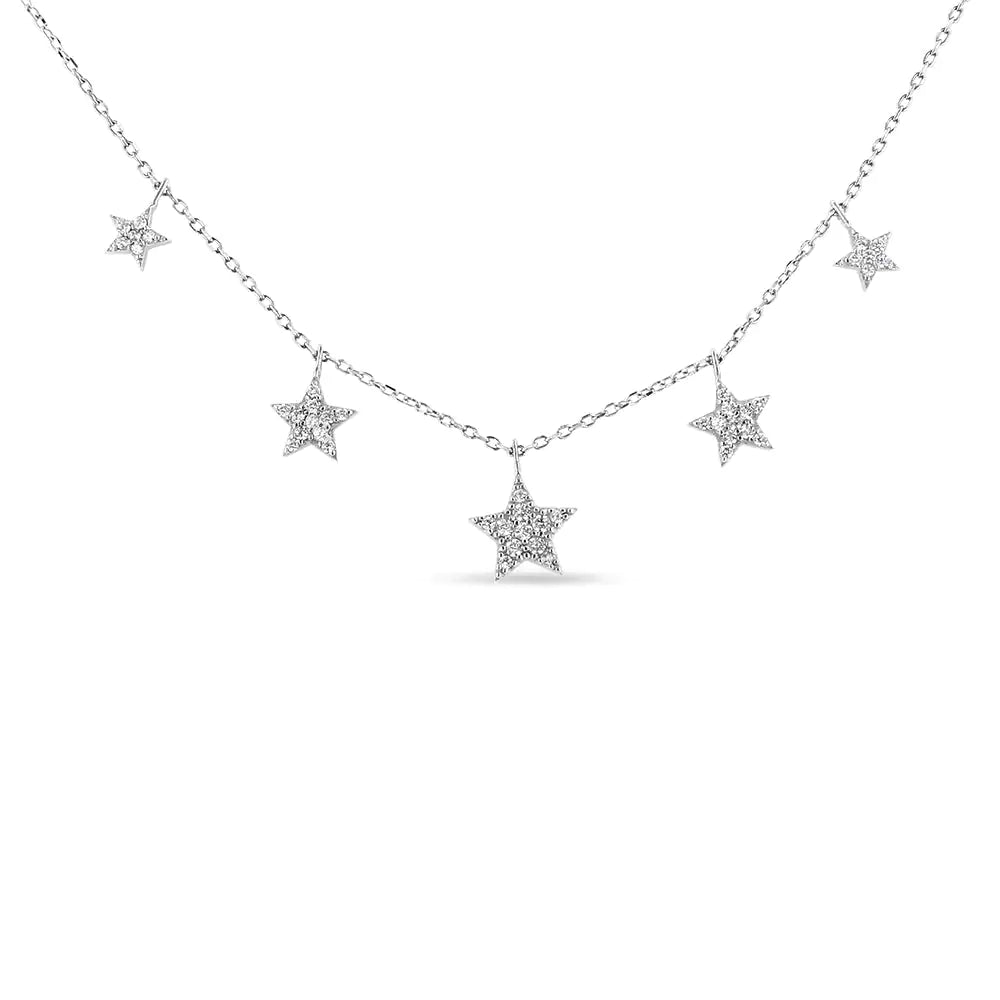 .925 Sterling Silver 1/3 Cttw Diamond Multi - Star Dangle Droplet Charm Pendant 18&quot; Necklace (I1 - I2 Clarity, H - I Color) - Rieworkes