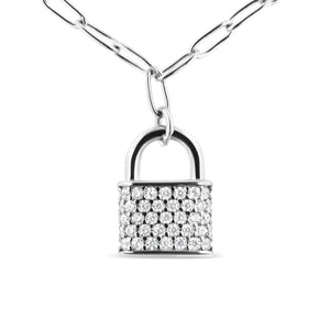 .925 Sterling Silver 1/4 Cttw Diamond Lock Pendant Necklace with Paperclip Chain (H - I Color, SI2 - I1 Clarity) - Rieworkes