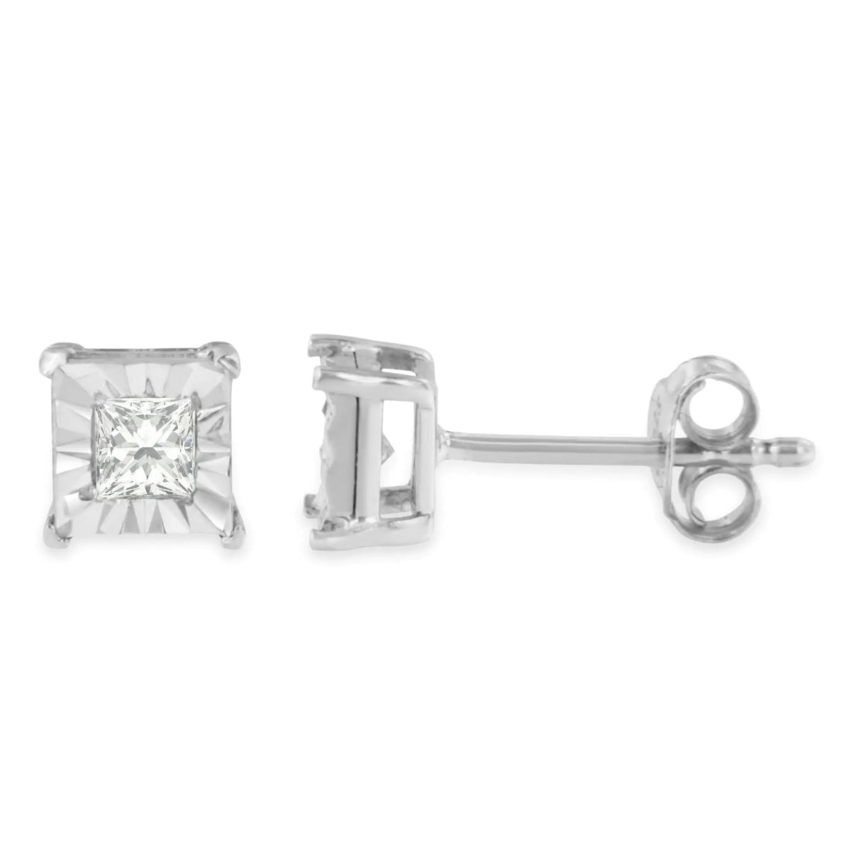 .925 Sterling Silver 1/4 Cttw Princess - Cut Square Near Colorless Diamond Solitaire Miracle - Plate Stud Earrings (H - I Color, I2 - I3 Clarity) - Rieworkes