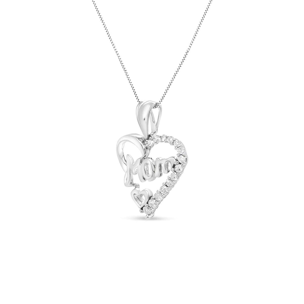 .925 Sterling Silver 1/4 Cttw Round Diamond &quot;Mom&quot; Openwork Heart Pendant 18&quot; Necklace (I - J Color, I2 - I3 Clarity) - Rieworkes