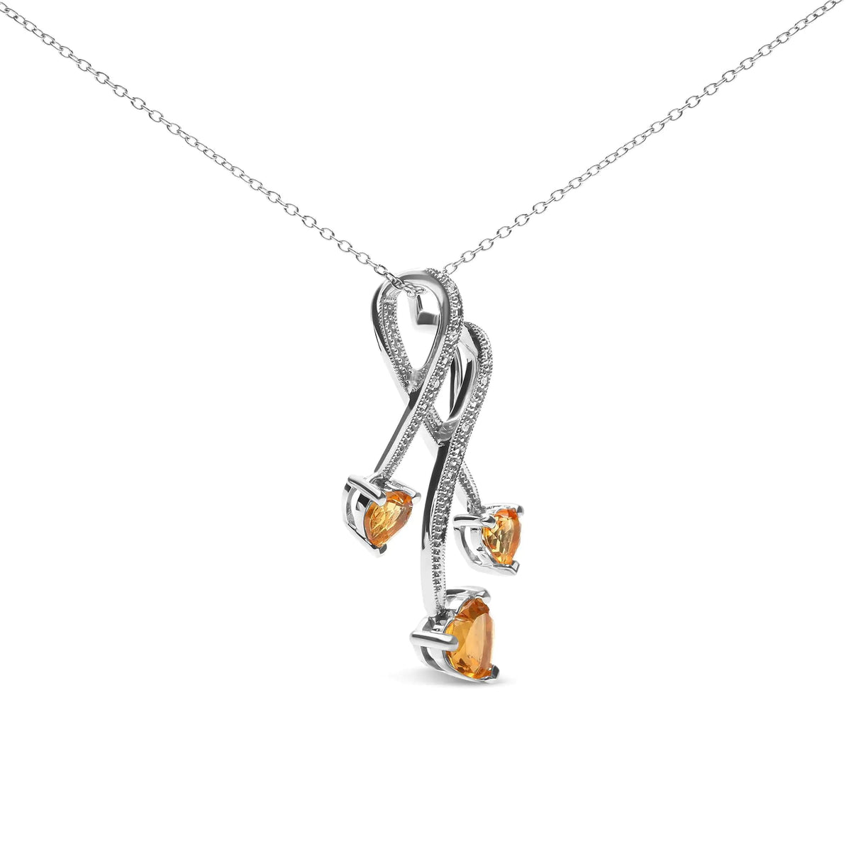 .925 Sterling Silver 3 - Stone Heart Shape Citrine and Diamond Accent Spiral Drop 18&quot; Pendant Necklace (H - I Color, SI1 - SI2 Clarity) - Rieworkes