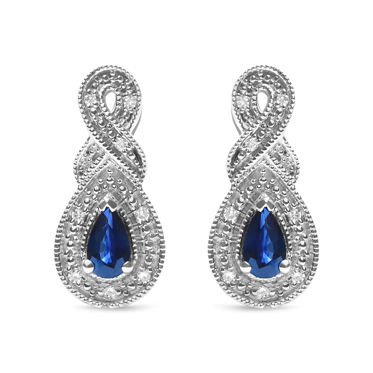 .925 Sterling Silver 4.5 x 3mm Pear Sapphire Gemstone and Diamond Accent Infinity Drop Stud Earrings (H - I Color, SI1 - SI2 Clarity) - Rieworkes