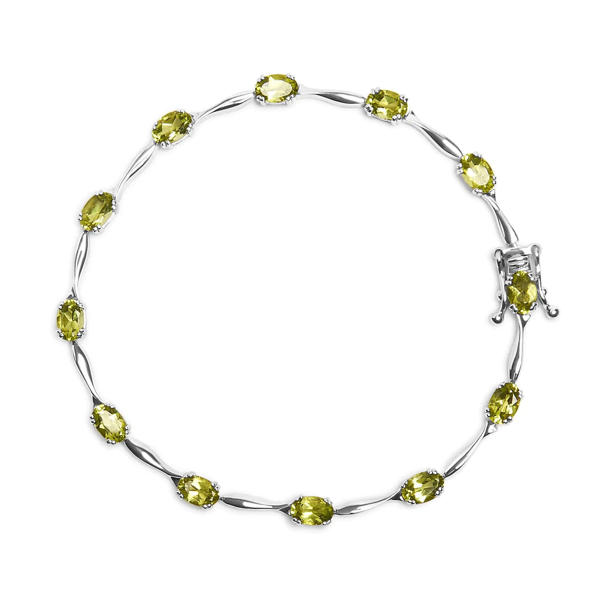 .925 Sterling Silver 5 1/2 Cttw Oval Shaped Created Green Peridot Link Bracelet - 7&quot; Inches - Rieworkes
