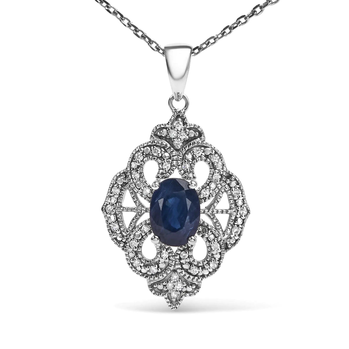 .925 Sterling Silver 7x5 MM Oval Blue Sapphire and Diamond Accent Art Deco Style Shield Shaped 18&quot; Pendant Necklace (I - J Color, I3 Clarity) - Rieworkes