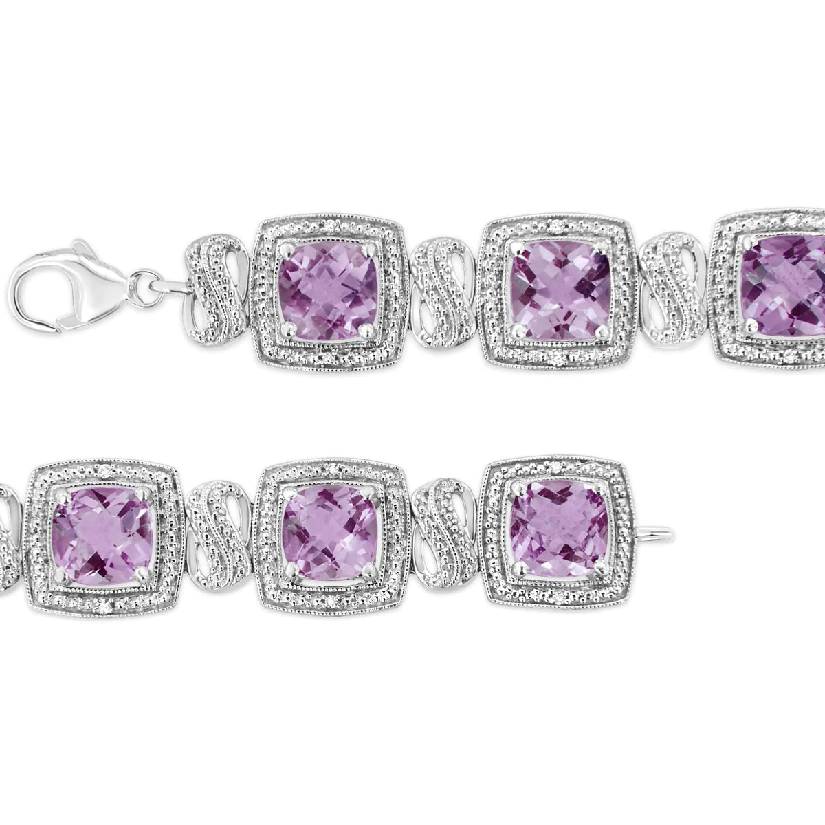 .925 Sterling Silver 7x7 mm Cushion Cut Purple Amethyst and 1/10 cttw Round Cut Diamond Square Shape Tennis Bracelet (I - J Color, I1 - I2 Clarity) - 7&quot; - Rieworkes