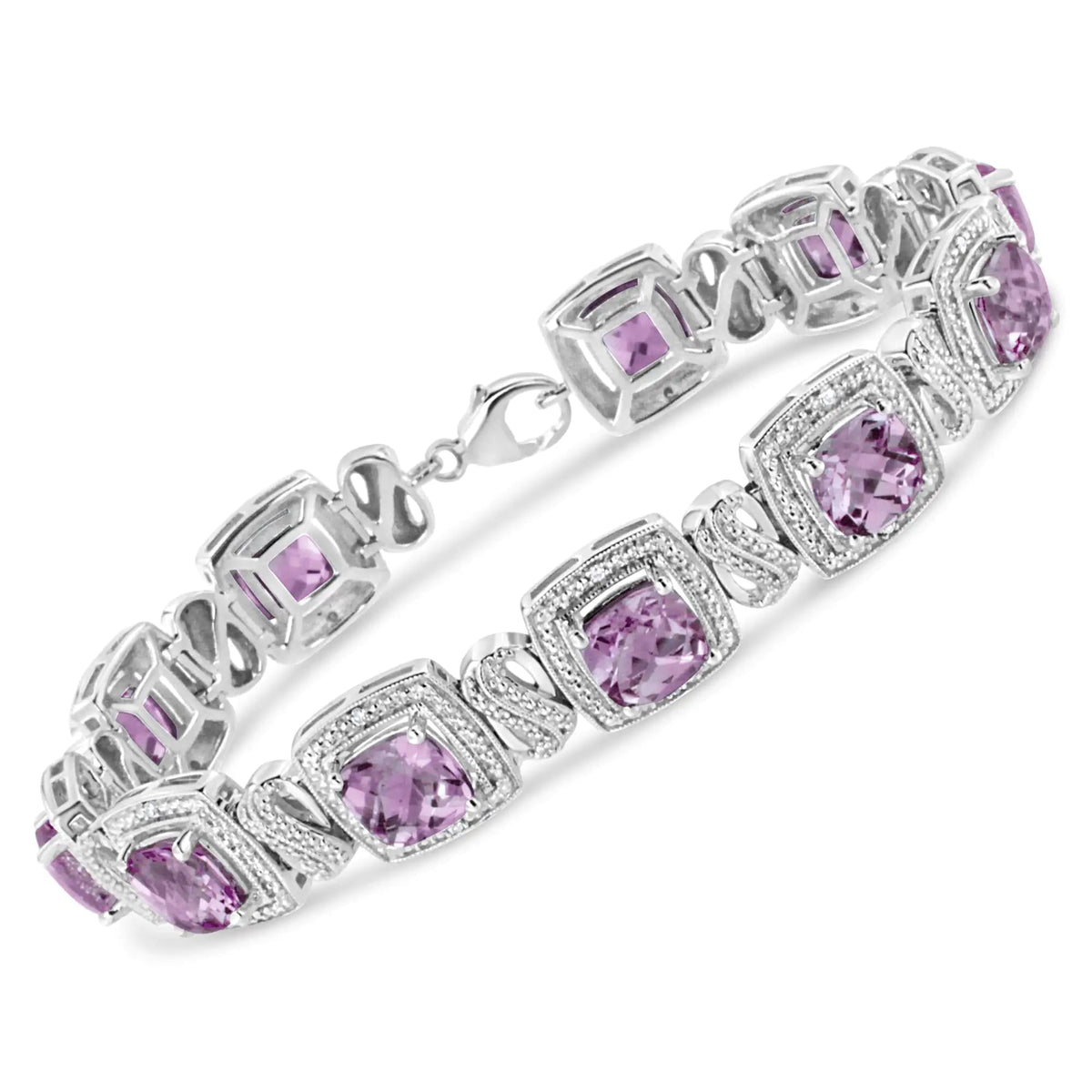 .925 Sterling Silver 7x7 mm Cushion Cut Purple Amethyst and 1/10 cttw Round Cut Diamond Square Shape Tennis Bracelet (I - J Color, I1 - I2 Clarity) - 7&quot; - Rieworkes