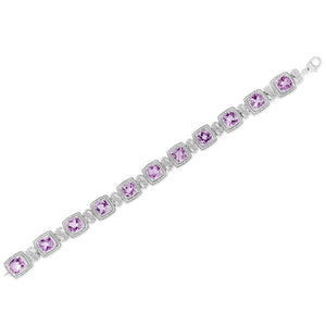 .925 Sterling Silver 7x7 mm Cushion Cut Purple Amethyst and 1/10 cttw Round Cut Diamond Square Shape Tennis Bracelet (I - J Color, I1 - I2 Clarity) - 7" - Rieworkes