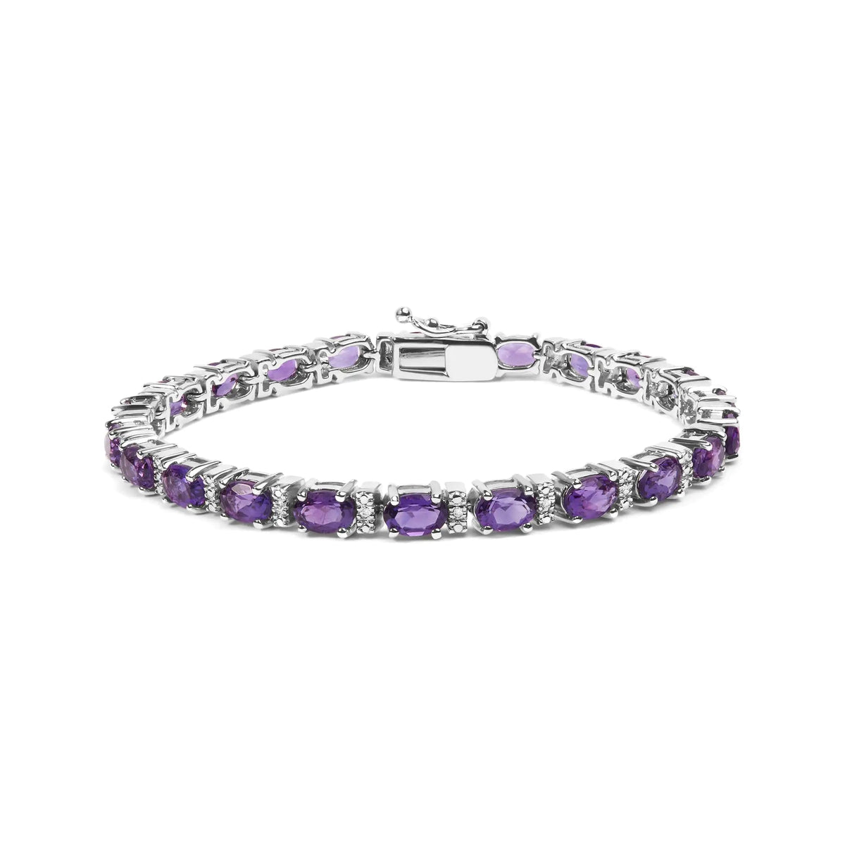 .925 Sterling Silver 9 1/2 Cttw Alternating Oval Amethyst and White Diamond Accent Link Tennis Bracelet (I - J Color, I3 Clarity) - 7.25&quot; Inches - Rieworkes