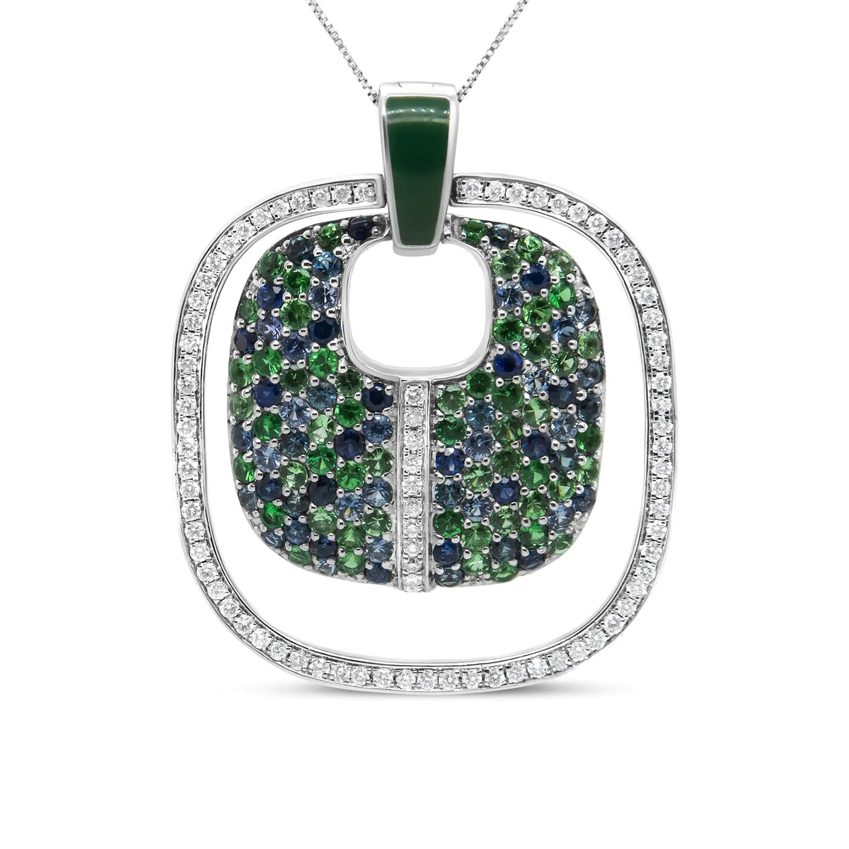 .925 Sterling Silver Green Enamel Pendant with 1/2 Cttw Diamond, Sapphire, and Tsavorite Openwork Statement 18&quot; Pendant Necklace (F - G Color, VS1 - VS2 Clarity) - Rieworkes