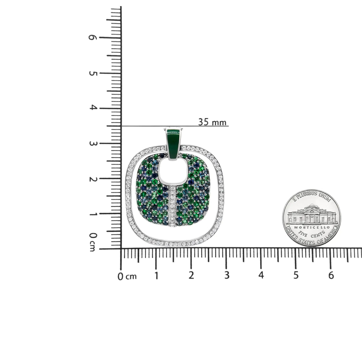 .925 Sterling Silver Green Enamel Pendant with 1/2 Cttw Diamond, Sapphire, and Tsavorite Openwork Statement 18&quot; Pendant Necklace (F - G Color, VS1 - VS2 Clarity) - Rieworkes