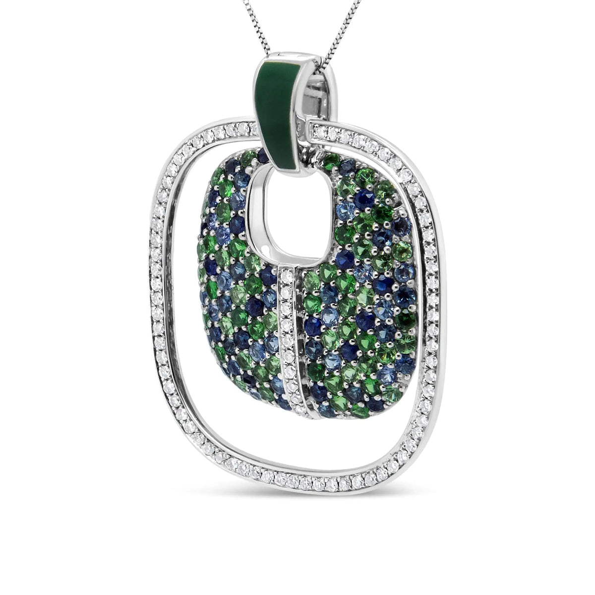 .925 Sterling Silver Green Enamel Pendant with 1/2 Cttw Diamond, Sapphire, and Tsavorite Openwork Statement 18&quot; Pendant Necklace (F - G Color, VS1 - VS2 Clarity) - Rieworkes