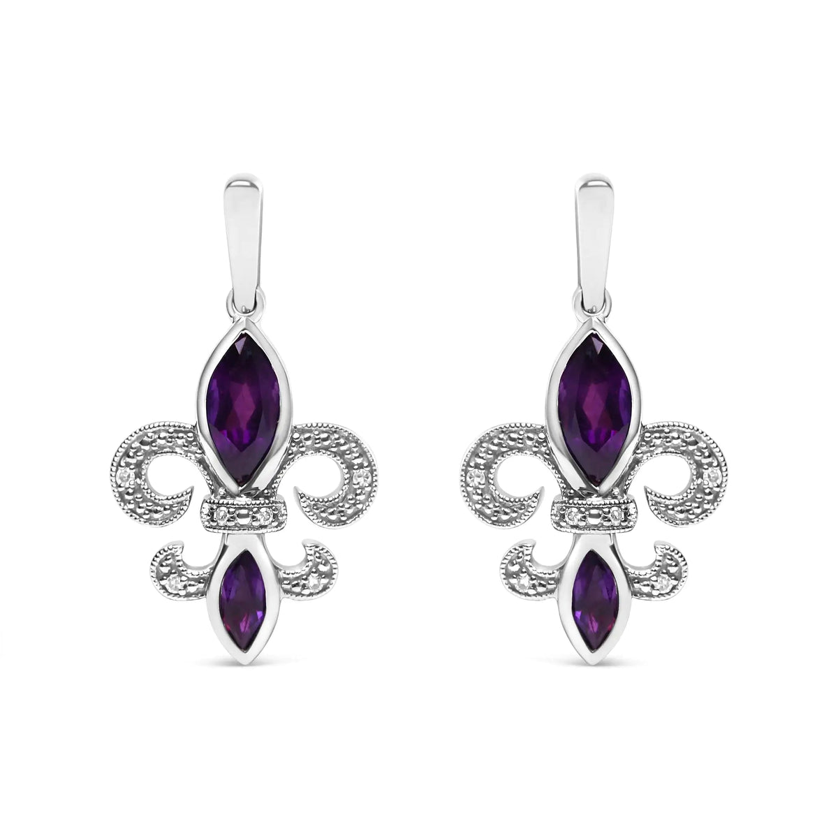 .925 Sterling Silver Marquise Cut Amethyst and Diamond Accent Fleur De Lis Dangle Stud Earrings (H - I Color, SI1 - SI2 Clarity) - Rieworkes