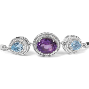 .925 Sterling Silver Oval Amethyst and Pear Blue Topaz with Diamond Accent Lariat 4” - 10” Adjustable Bolo Bracelet (H - I Color, SI1 - SI2 Clarity) - Rieworkes