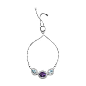 .925 Sterling Silver Oval Amethyst and Pear Blue Topaz with Diamond Accent Lariat 4” - 10” Adjustable Bolo Bracelet (H - I Color, SI1 - SI2 Clarity) - Rieworkes