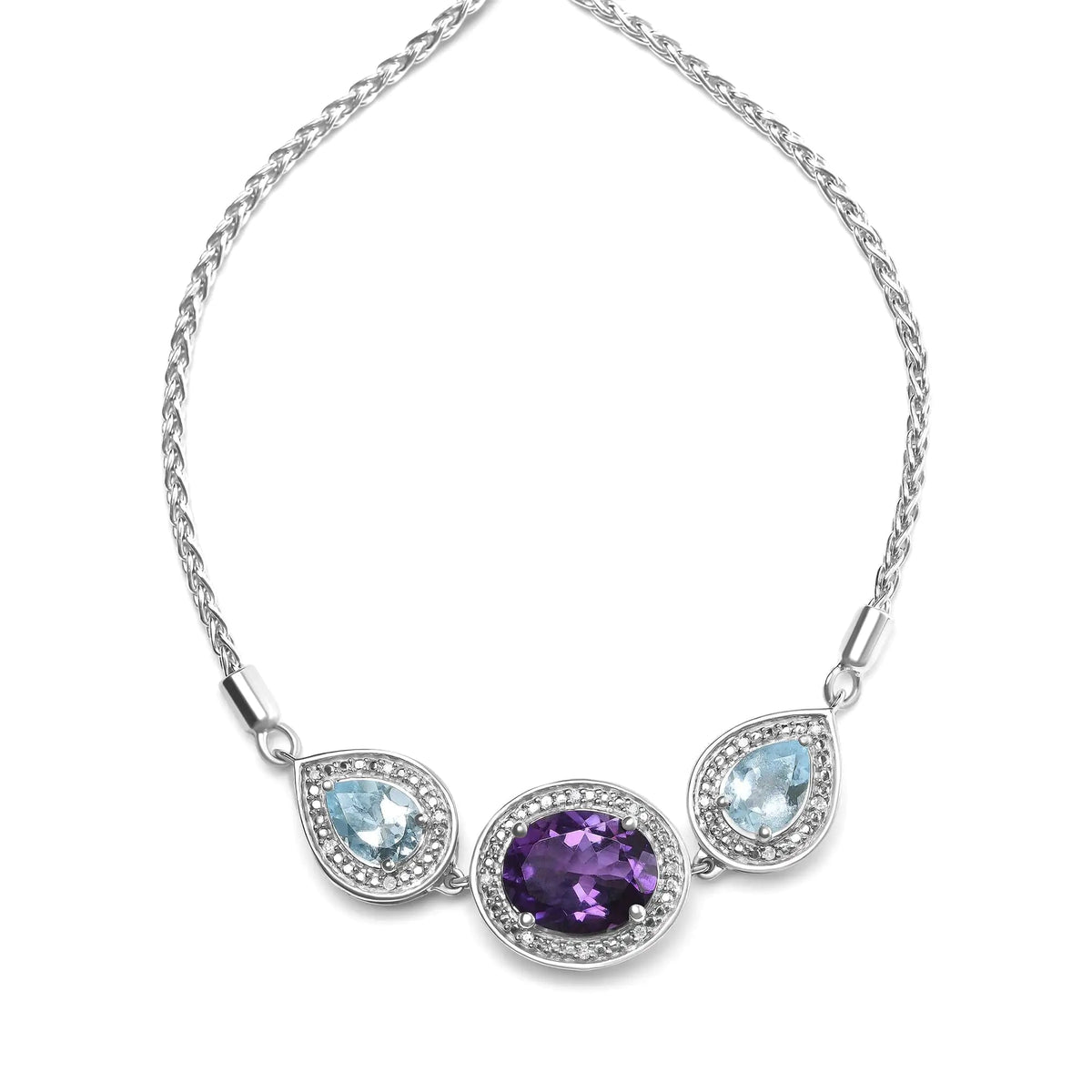 .925 Sterling Silver Oval Amethyst and Pear Blue Topaz with Diamond Accent Lariat 4” - 10” Adjustable Bolo Bracelet (H - I Color, SI1 - SI2 Clarity) - Rieworkes