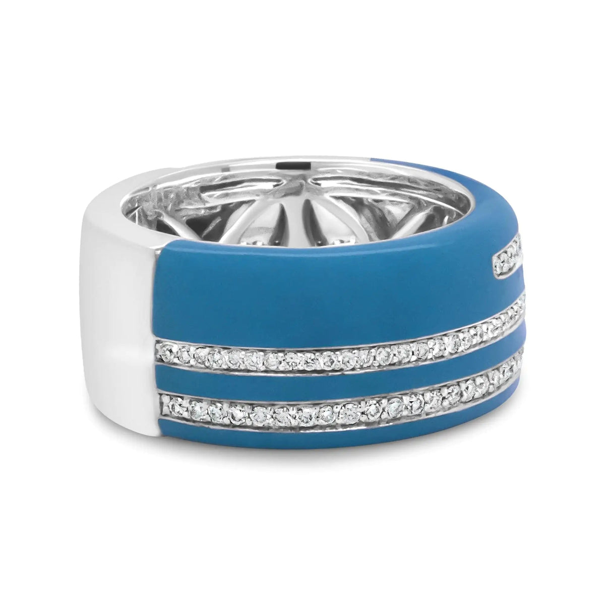 .925 Sterling Silver Turquoise Enamel 5/8 Cttw Round Diamond Wide Band Statement Ring (F - G Color, VS1 - VS2 Clarity) - Rieworkes