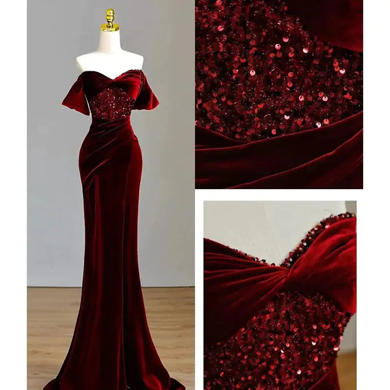 Fishtail Wine Red Off-Shoulder Velvet Sequin Dress