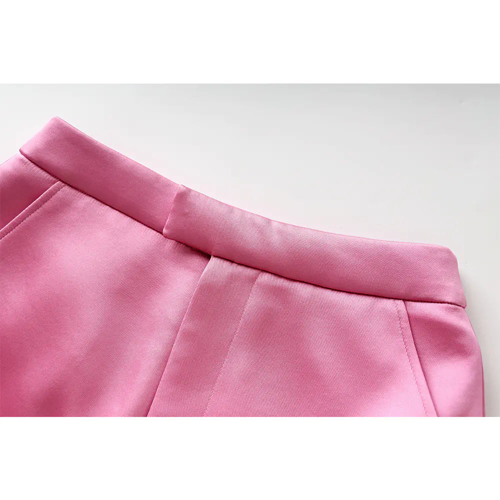 Fashionable Pink Satin Suit Jacket and Skirt Set