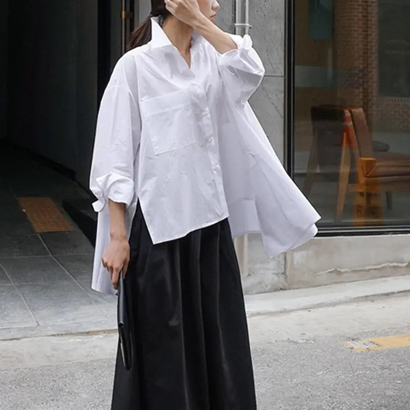 Women's White Loose Fit Irregular Long Sleeve Shirt