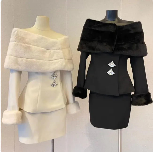 Off-Shoulder Faux Fur Coat &amp; Skirt Set