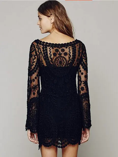 2021 hot sale flower pattern long sleeve loose hook beach dress women&amp;#39;s hollow out sexy lace dress elegant sexy lace beach dress