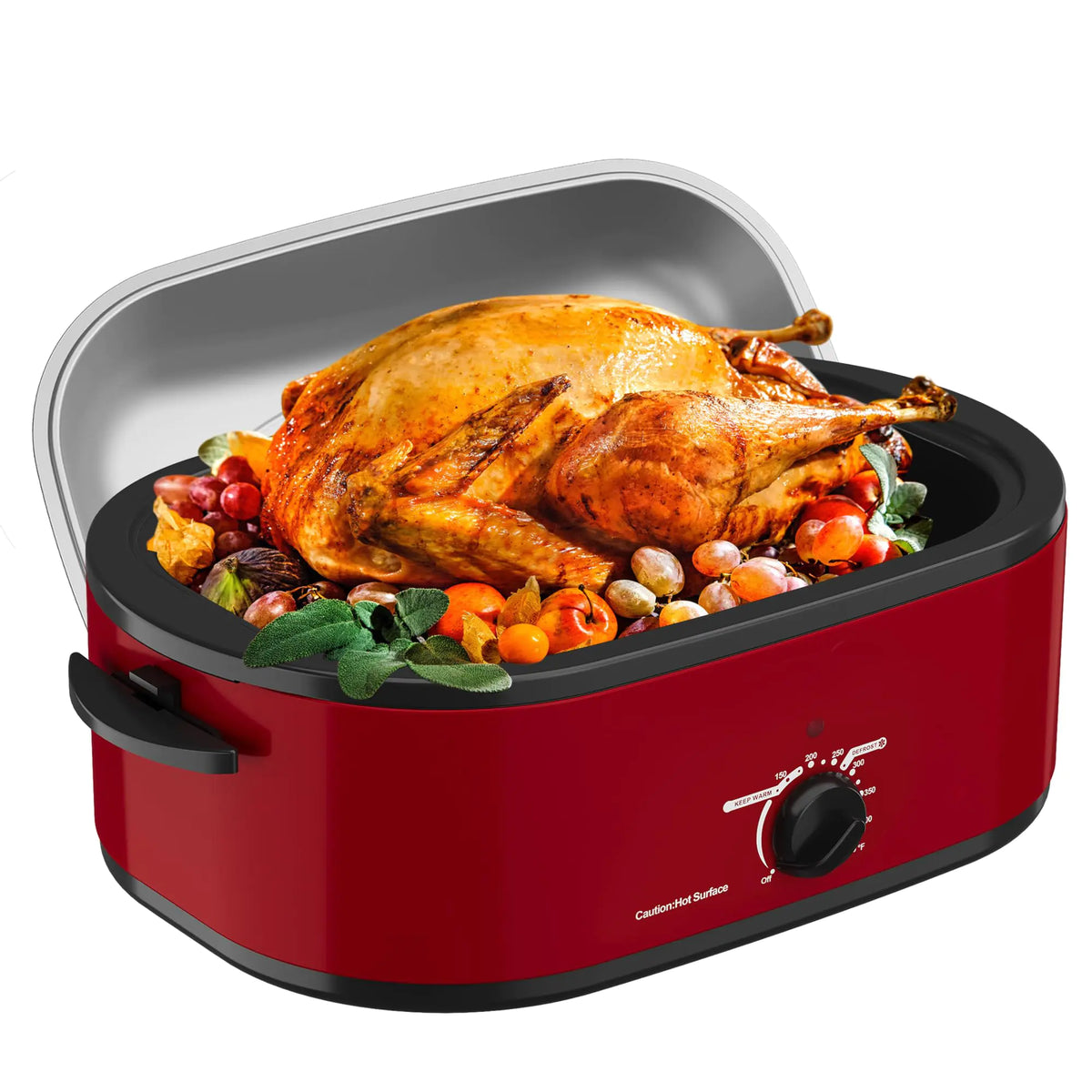 18 Quart Roaster Oven with Self-Basting Lid Turkey Roaster Oven with Defrost &amp; Warm Function Adjustable Temperature Electric Roaster Oven With Removable Pan &amp; Rack Stainless Steel Red