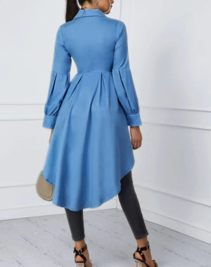 Solid Color Lantern Sleeve Tail Dress & Button Shirt Dress