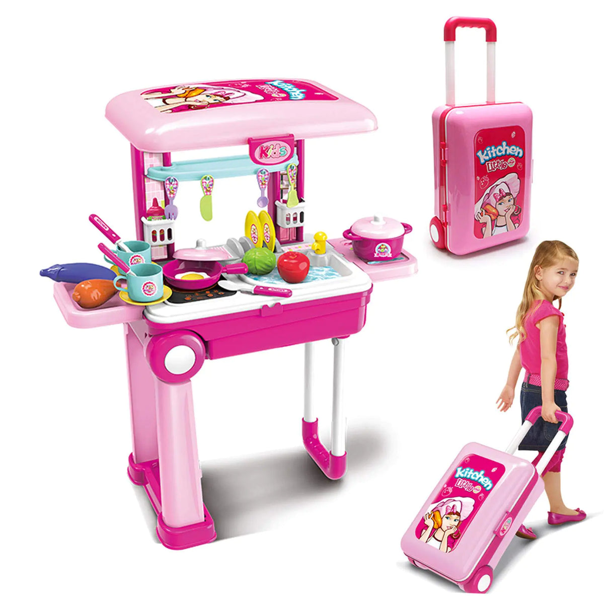 2-in-1Travel Luggage Turn into Play Kitchen Kids Kitchen Playset Toys with 25+Play Food for Toddelers Girls and Boys Pretend Play 25&quot; H x 9.8&quot; W x 20.8&quot; L