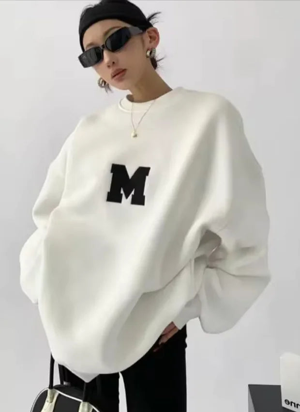 MEXZT Streetwear Y2K Oversized Fleece Sweatshirt with Letter Print – Harajuku &amp; Korean Inspired Casual Hoodie for Women