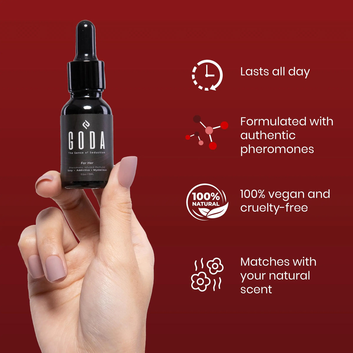 GODA For Her Pheromone Perfume for Women - Long-Lasting Women's Fragrances with Jasmine and Rose - Floral Perfume Oil with Sweet &amp; Spicy Aroma - Vegan &amp; Cruelty-Free Travel Perfume - 15ml/0.50 fl. oz