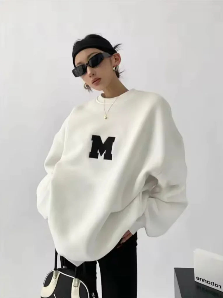 MEXZT Streetwear Y2K Oversized Fleece Sweatshirt with Letter Print – Harajuku &amp; Korean Inspired Casual Hoodie for Women
